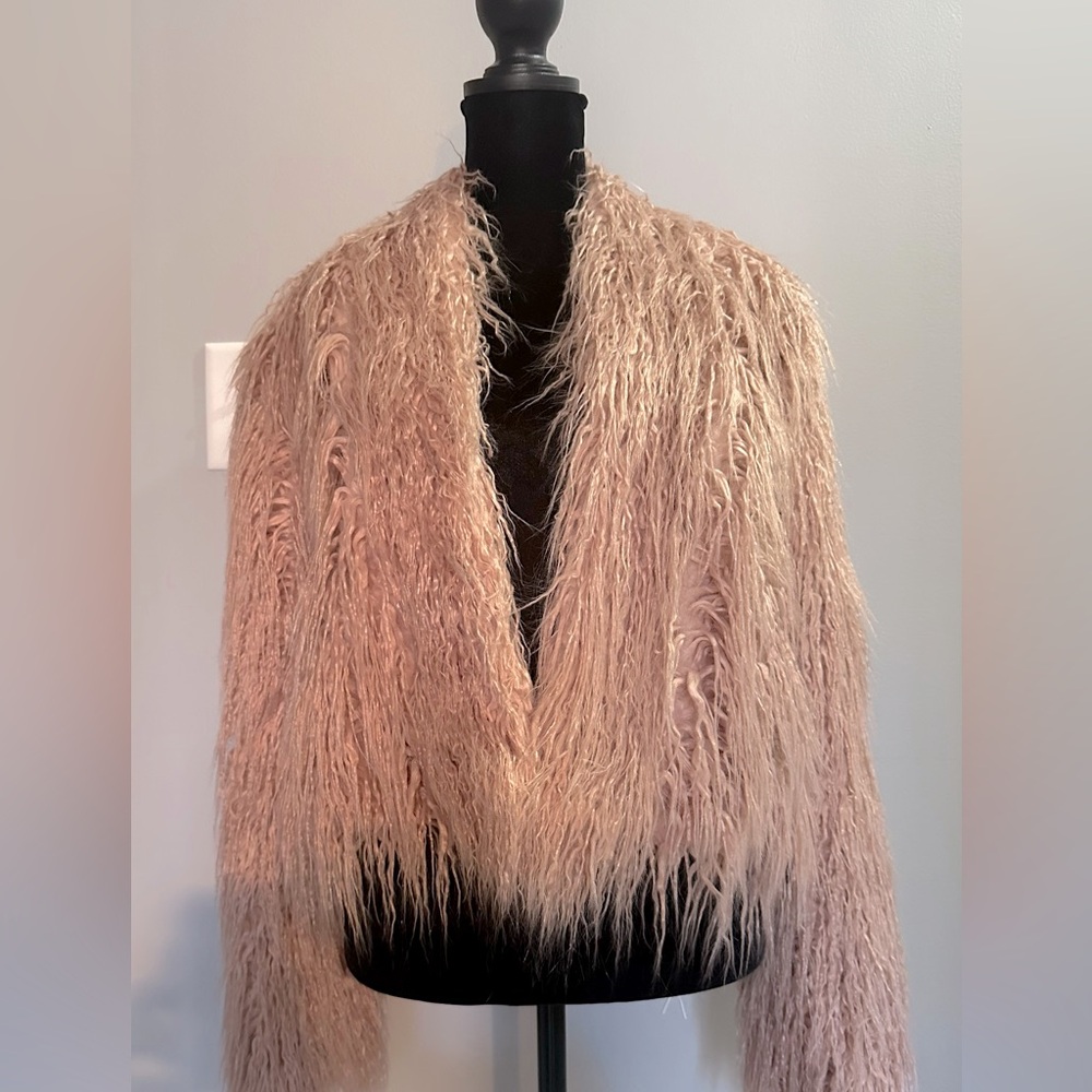 Light pink faux fur fringe jacket
